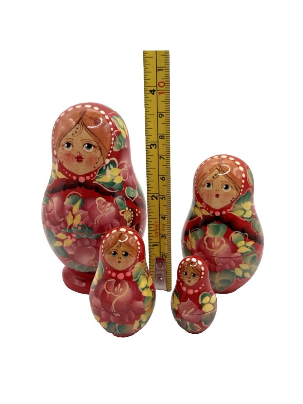 Vintage Matryoshka Russian 4 Nesting Dolls Hand Painted Wood Red Floral Babushka